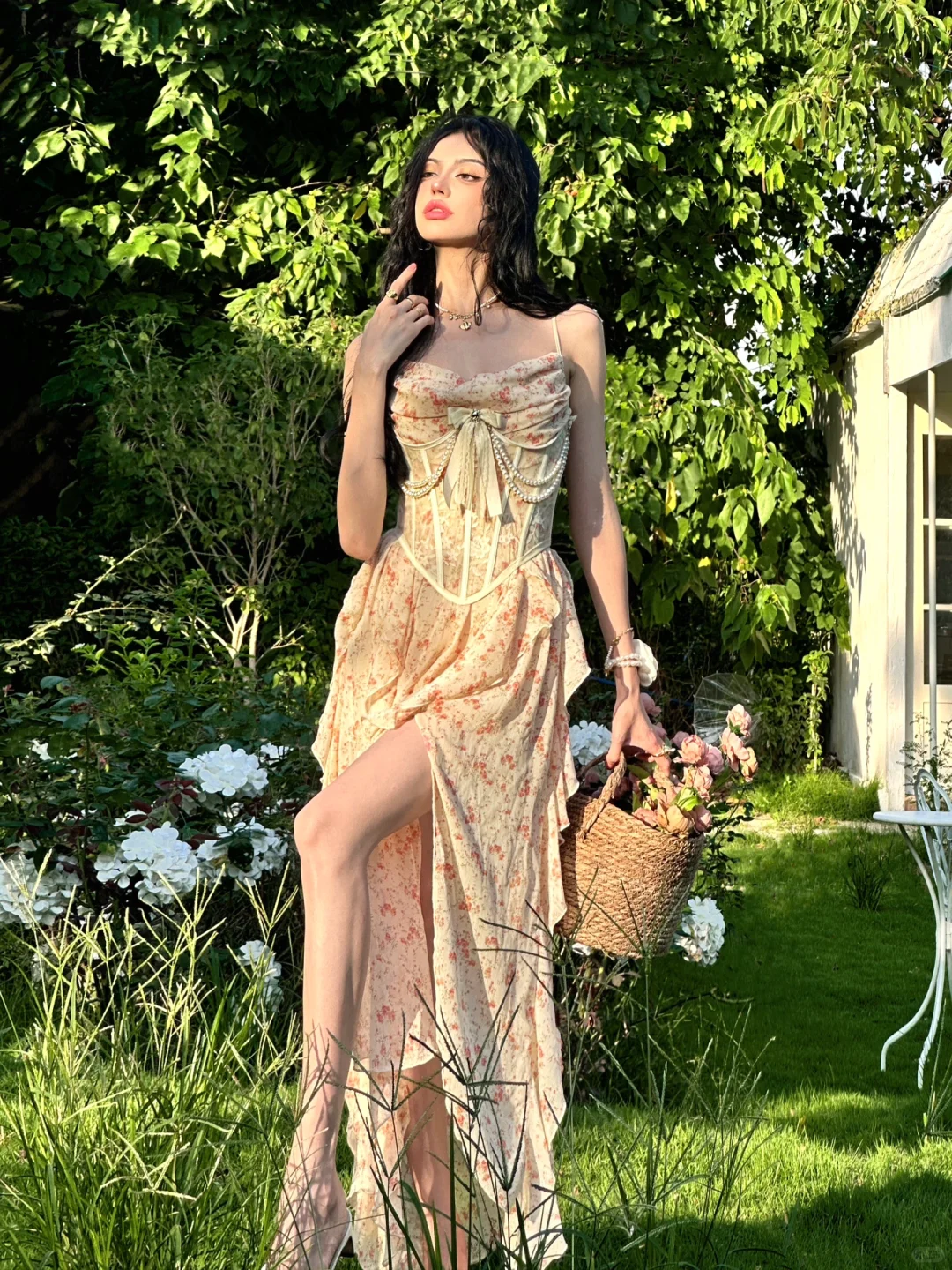 Gentle A Line Spaghetti Strap Print Floral Chiffon Long Prom Dress Party Dress DP3964