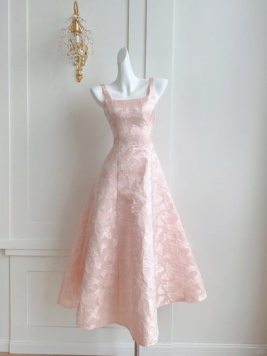 Elegant A Line Straps Print Butterfly Light Pink Satin Party Dress Cocktail Dress DP2649