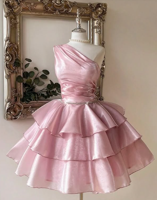 Pink A Line One Shoulder Layered Satin Short Homecoming Dresses DP4176