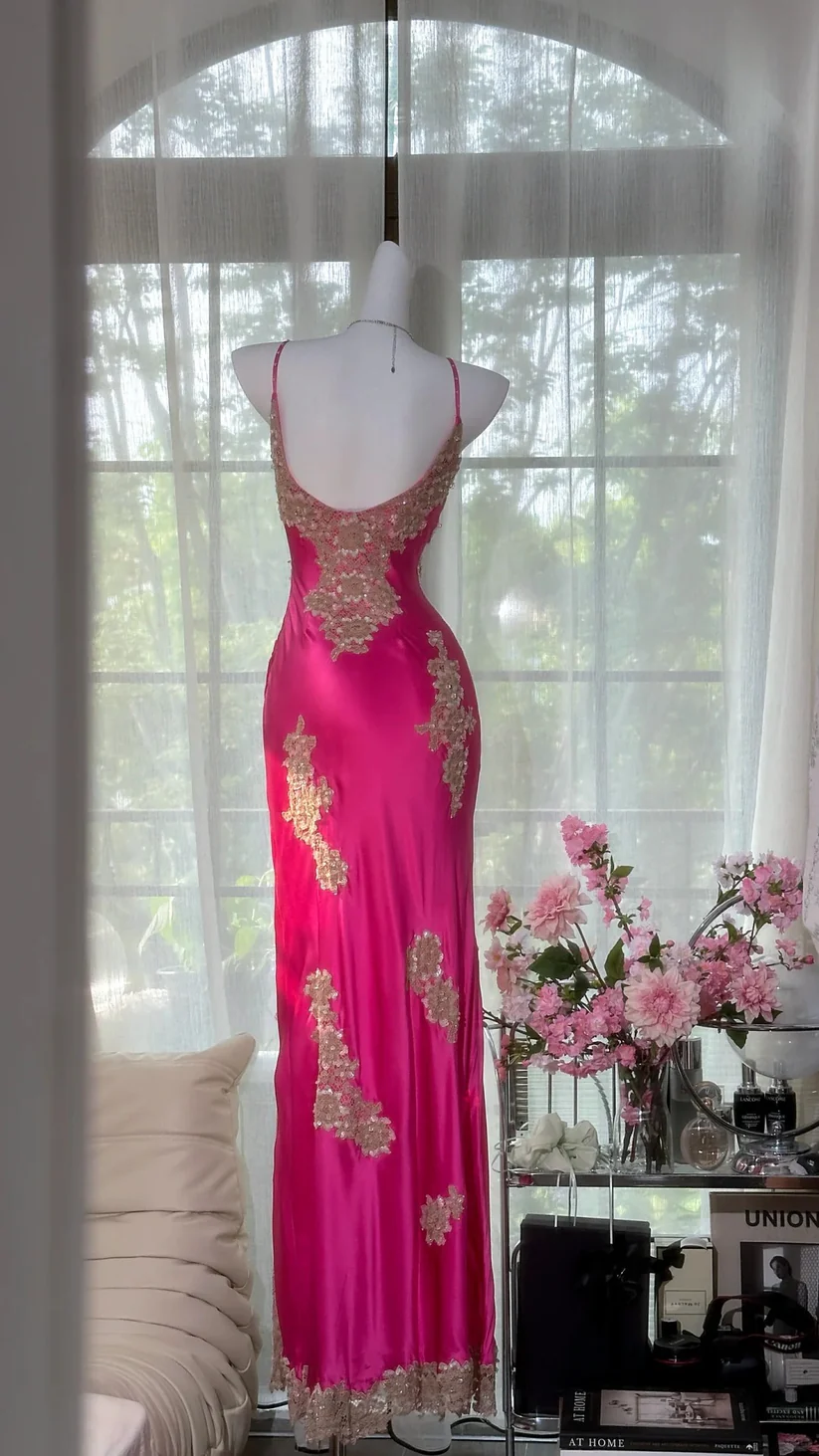 Barbie Pink Gold Appliques Sequin Satin Prom Dress Date Dress Evening Dress with Slit DP2910