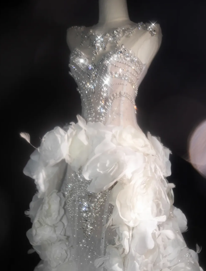 3D Flower White A Line Sweetheart Neck Rhinestone Tulle Long Prom Dress DP2754