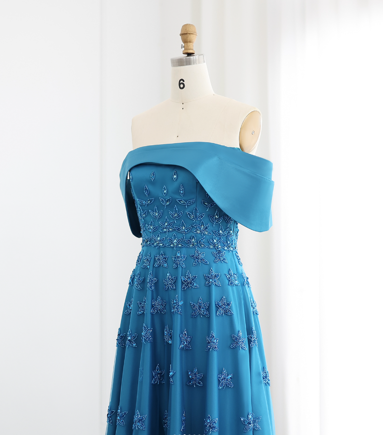 Elegant A Line Off the Shoulder Beaded Blue Satin Prom Dress Evening Dress DP1905
