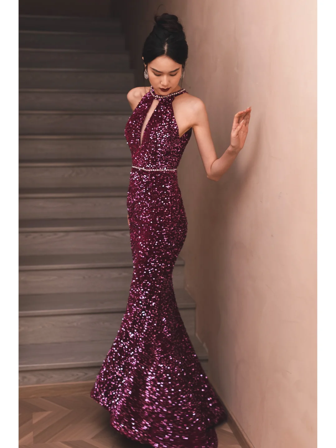 Sexy Purple Mermaid Halter Sequin Open Back Long Prom Dress Formal Dress DP3335