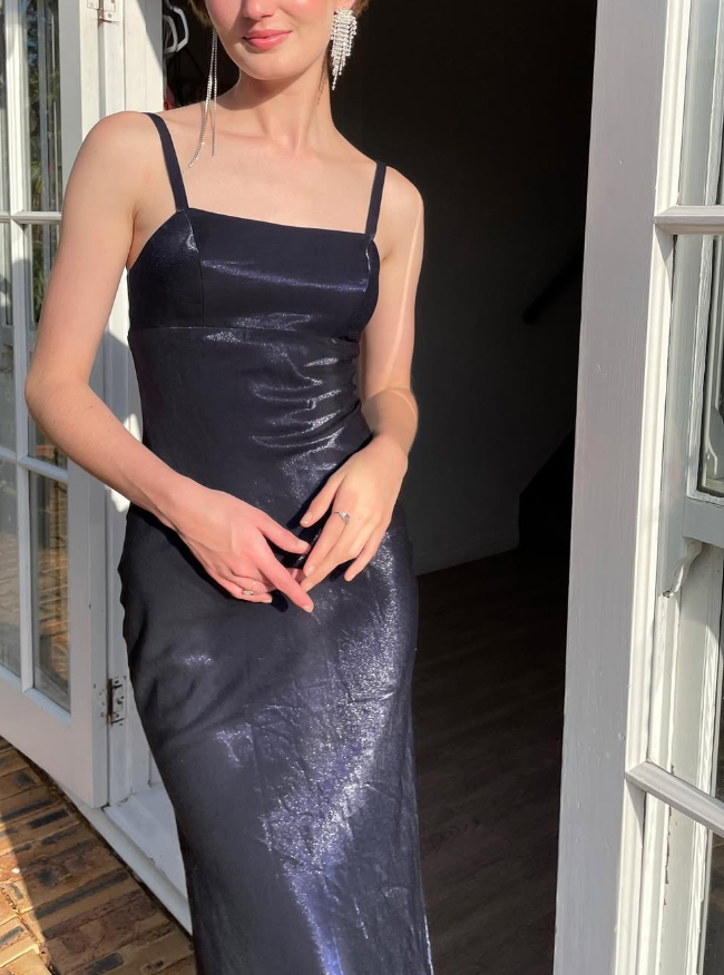 Simple Sheath Spaghetti Strap Navy Blue Satin Long Prom Dress Graduation Prom Dress DP2203