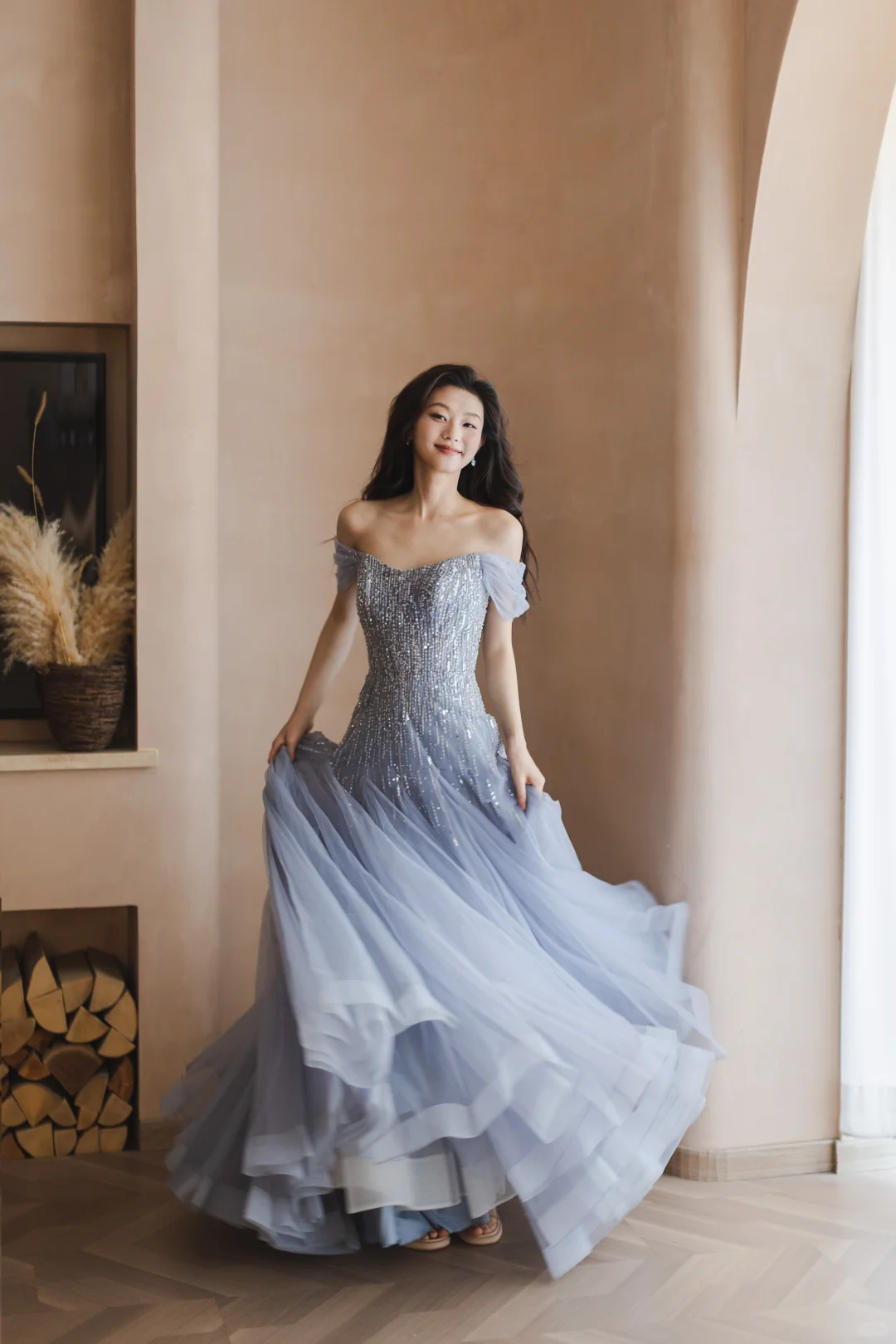 Gentle Blue A Line Off the Shoulder Sequin Beaded Tulle Long Prom Dress Formal Dress DP3336
