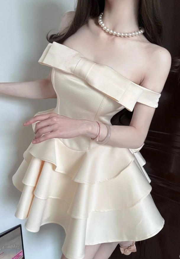 Cute A Line Off the Shoulder Bow Layered Light Champagne Satin Short Homecoming Dress Cocktail Dress DP2543