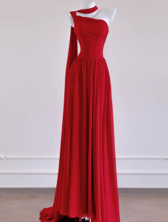 Romantic A Line One Shoulder Red Chiffon Prom Dress Graduation Prom Dress DP1999