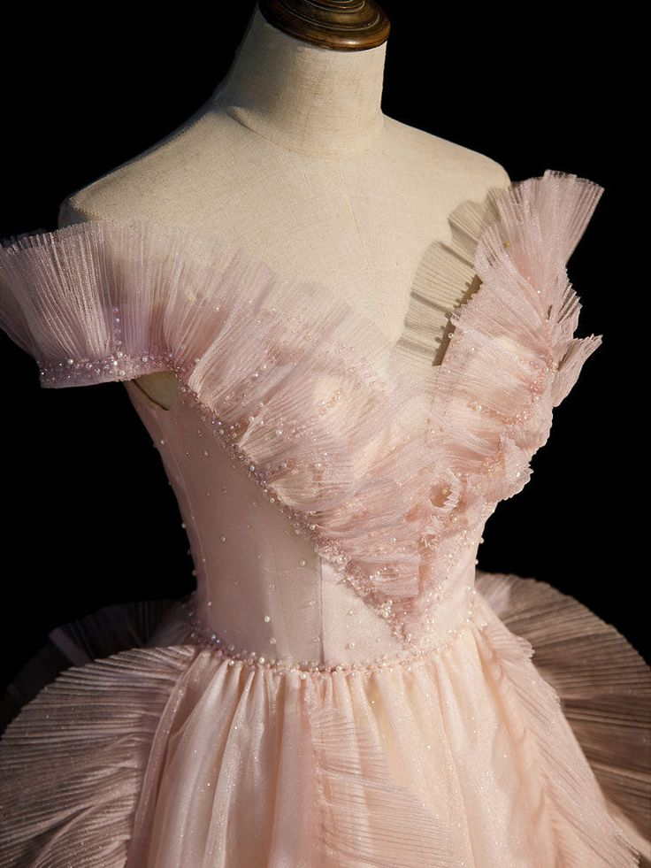 Pink V Neck Ruffles Tulle Beaded Prom Dress Off The Shoulder Evening Dress DP401