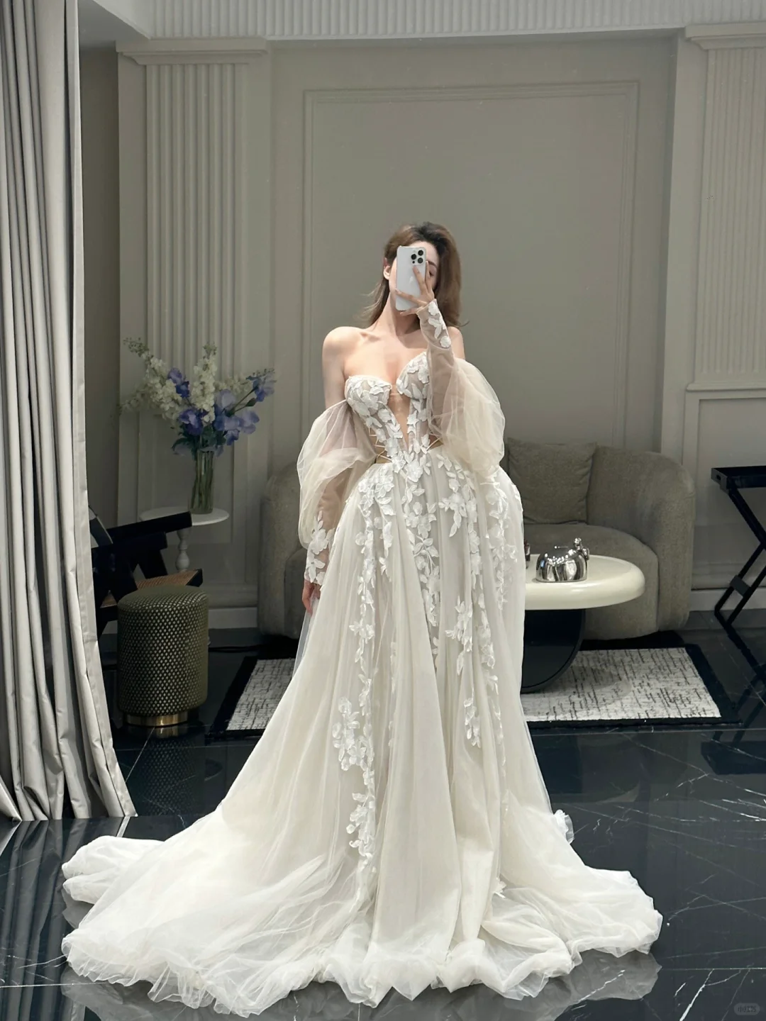 Elegant A Line Sweetheart Neck Long Sleeve Appliques Tulle Long Prom Dress Evening Dress DP2098