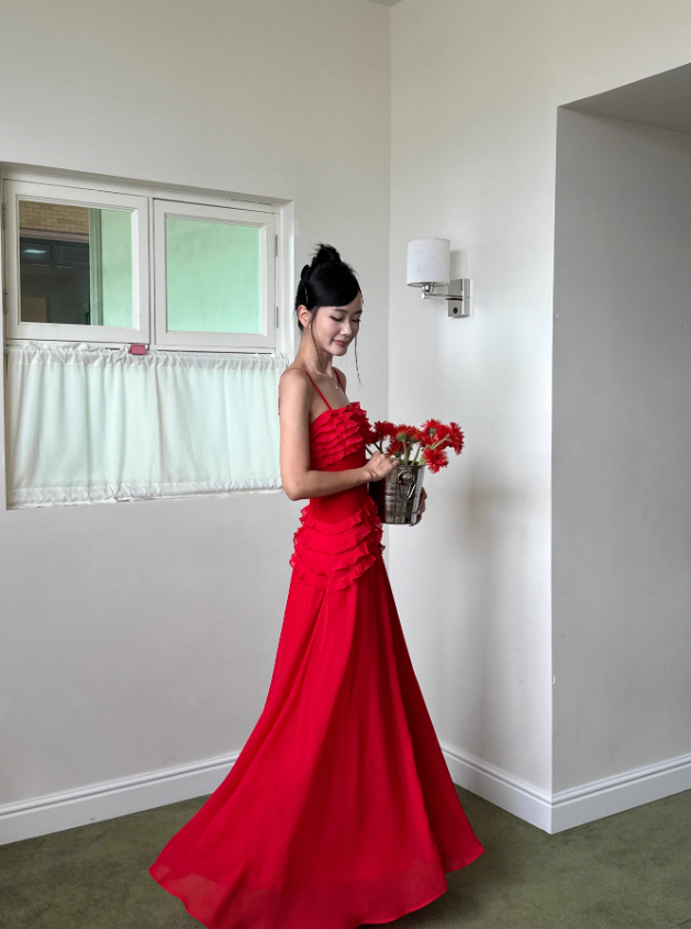 Charming Red A Line Spaghetti Strap Chiffon Prom Dress Date Dress Outfits DP3457