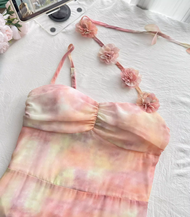 Multi-color Pink A Line One Shoulder Layered Chiffon Vacation Dress Homecoming Dress Outfits DP3543