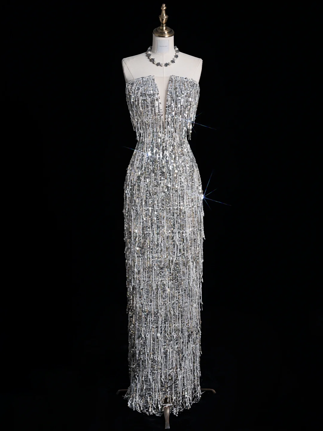 Shiny Sheath Strapless Silver Sequin Long Prom Dress Evening Dress DP2094