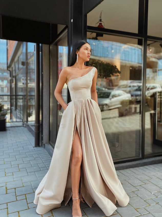 Apricot A Line One Shoulder Satin Prom Dress Evening Dress with Slit DP5594