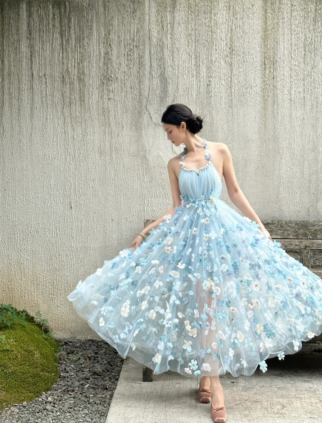 Blue A Line Halter 3D Floral Tulle Open Back Prom Dress Formal Dress 16th Birthday Dress DP3442