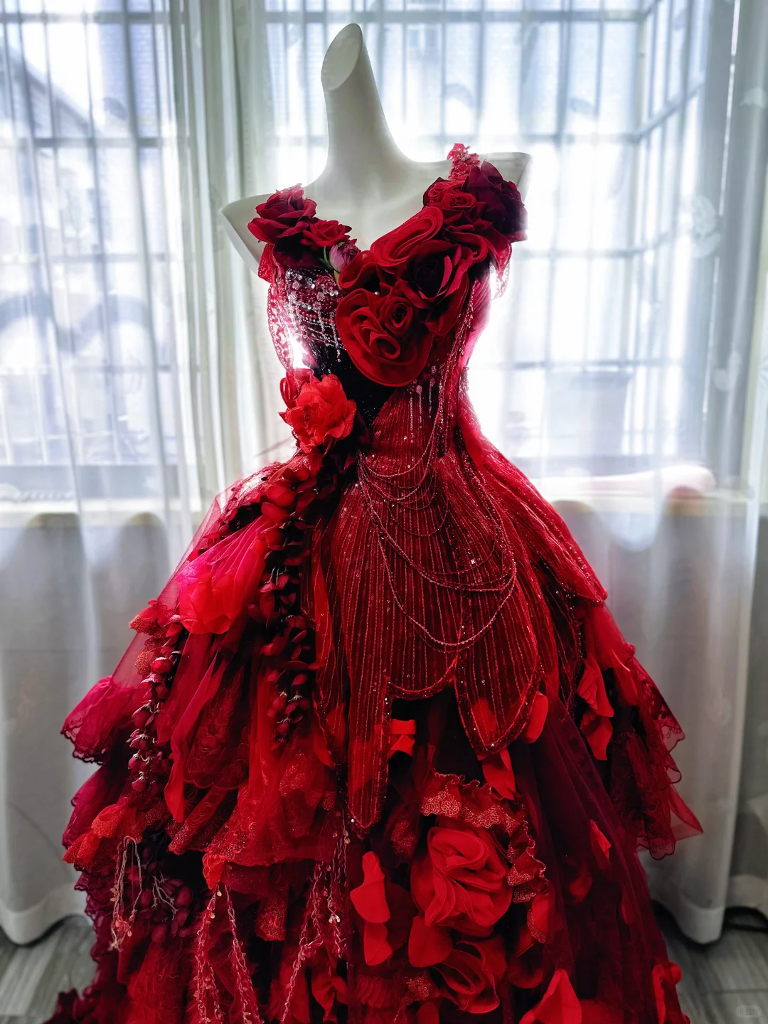 Exquisite Burgundy Ball Gown V Neck Floral Beaded Tulle Prom Dress 18th Birthday Dress DP4148