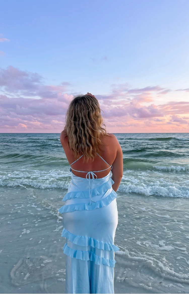 Baby Blue Sheath Spaghetti Strap Ruffle Satin Open Back Prom Dress Graduation Prom Dress DP2161