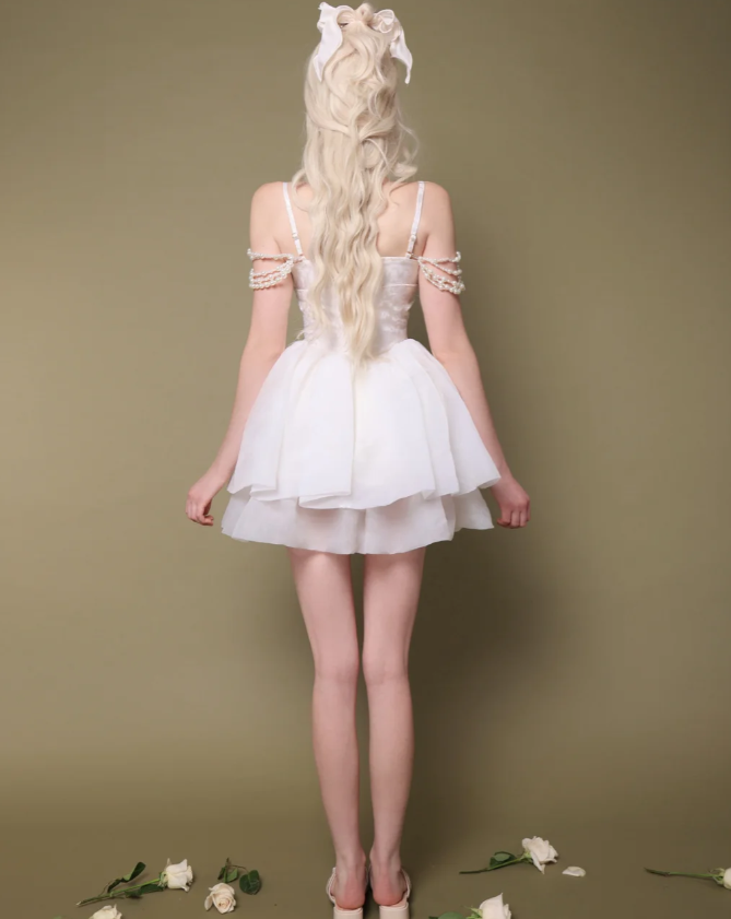 Fairy A Line Straps White Pearl Organza Satin Short Homecoming Dress Cocktail Dress DP2635