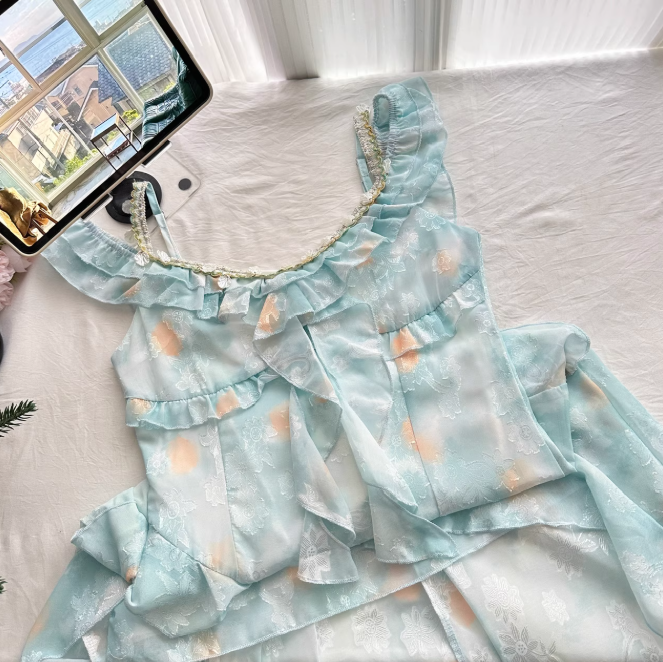 Blue A Line Spaghetti Strap Beaded Layered Chiffon Vacation Dress Homecoming Dress Outfits DP3547