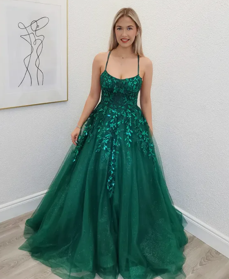Shiny Emerald A Line Spagehtti Strap Sequin Tulle Prom Dress Evening Dress DP6585