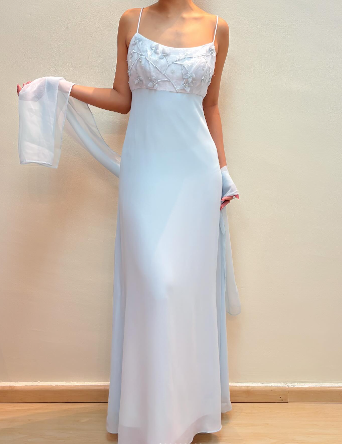 Baby Blue Sheath Spaghetti Straps Appliques Chiffon Prom Dress Evening Dress DP1790