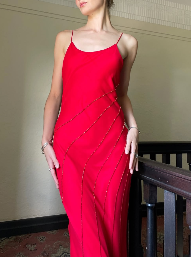 Elegant Sheath Spaghetti Strap Beaded Red Chiffon Long Prom Dress Graduation Prom Dress DP2201