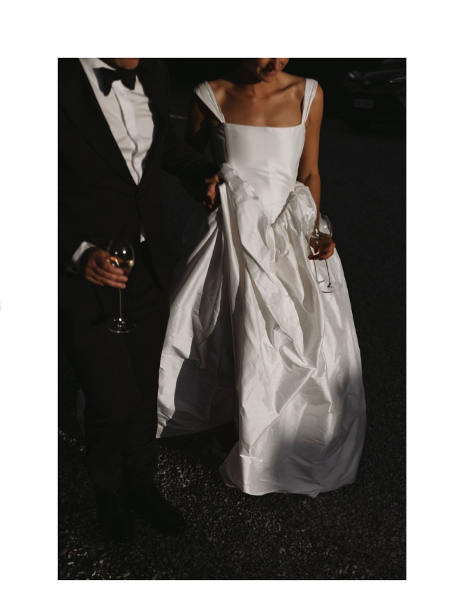 Classic A Line Spaghetti Strap Satin Long Sweep Wedding Dress DP1881
