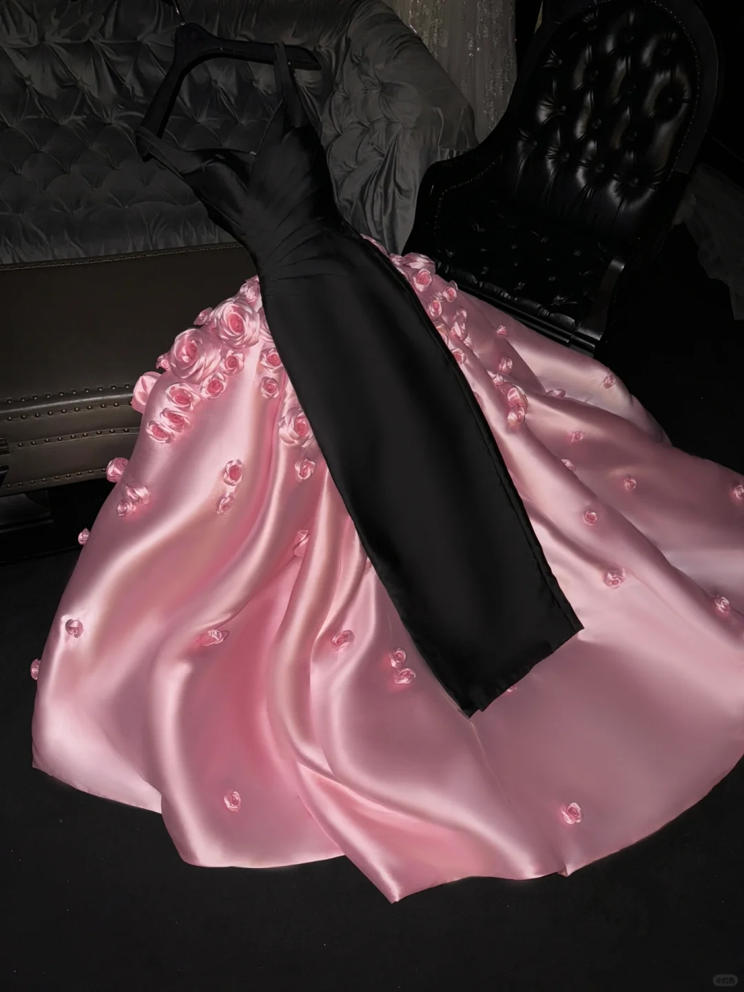 Elegant Sheath Strap Pink Flower Black Satin Prom Dress Evening Dress DP1949