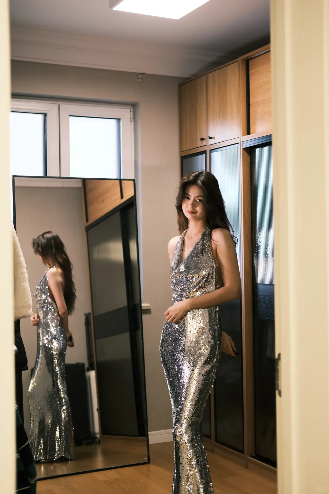 Shiny Mermaid Halter Silver Sequin Open Back Long Party Dress Evening Dress DP2406
