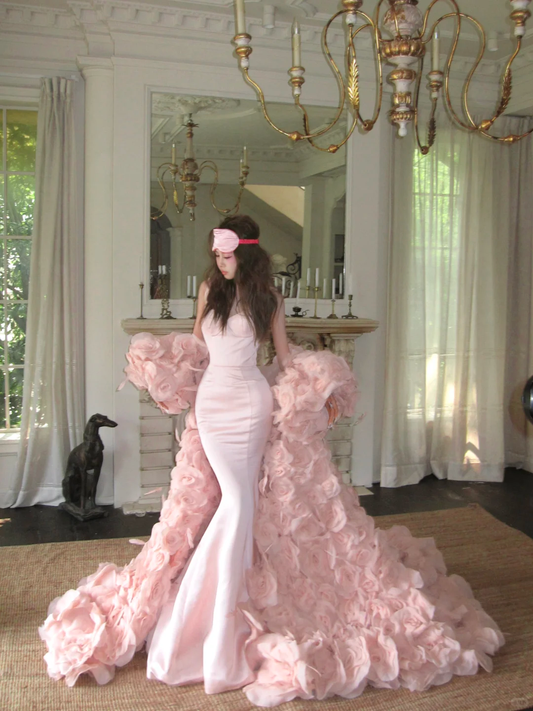 Unique Mermaid Straps Pink Satin Flower Tulle Party Dress Evening Dress DP2548