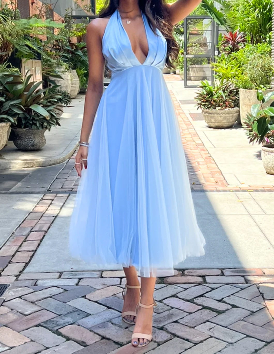 Blue A Line Halter Satin Tulle Tea Length Homecoming Dress Outlets DP1218