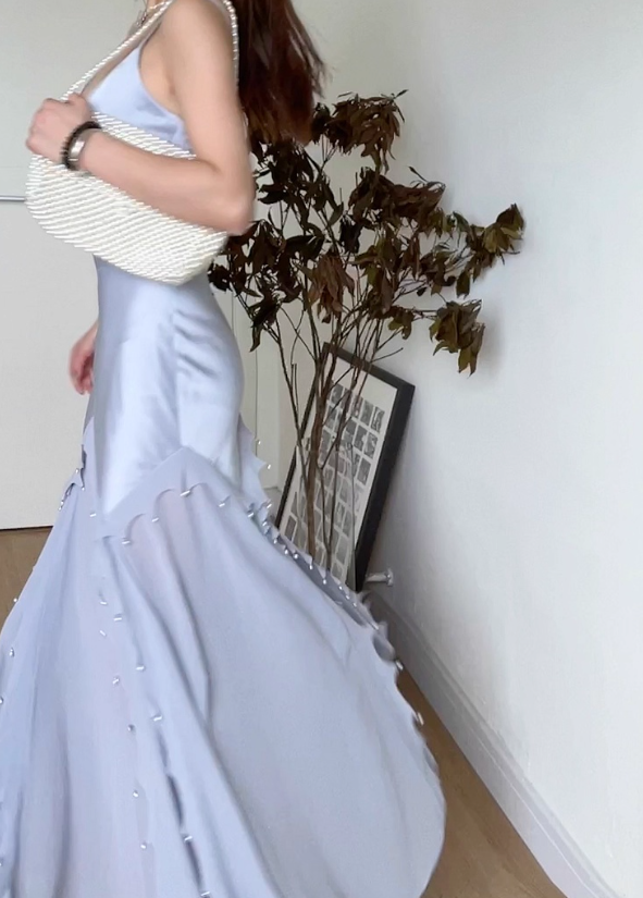 Gentle Mermaid Spaghetti Strap Pearl Chiffon Satin Prom Dress Evening Dress Party Dress DP3583