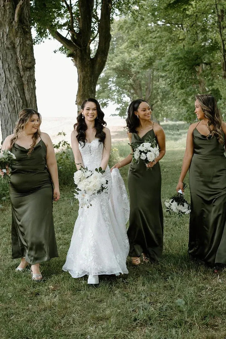 Hunter Green Silk Satin Cowl Neck Bridesmaid Dresses DP5570