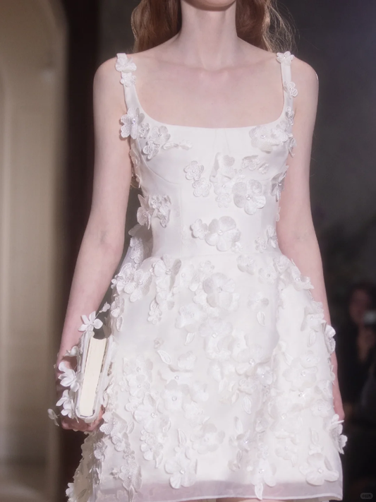 Cute A Line Straps White Flower Organza Mini Homecoming Dress Birthday Dress DP2623