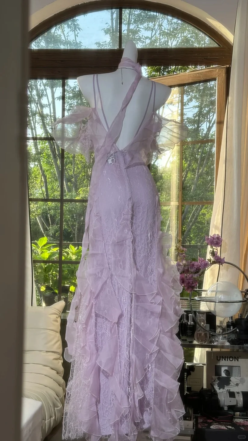 Lilac Romantic Lace Elegant Long Chiffon Ball Gown Party Dress Date Dress DP2911