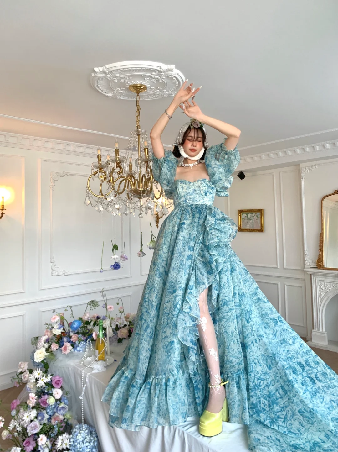 Blue Ball Gown Puff Print Floral Ruffle Chiffon Long Party Dress Birthday Dress with Slit DP2422