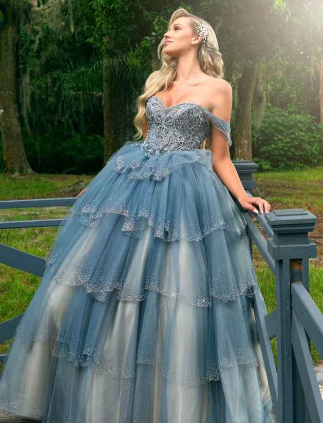 Grey Blue Ball Gown Off the Shoulder Beaded Layered Tulle Prom Dress 16th Birthday Dress DP3471