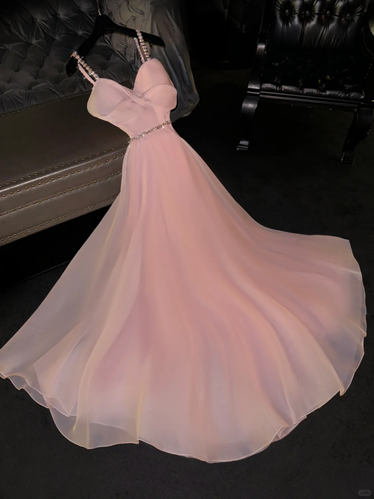 Pink A Line Spaghetti Strap Beaded Organza Long Party Dress Evening Dress DP2592