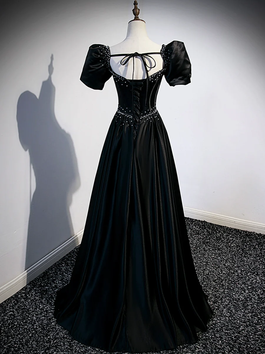 Black Satin Beaded Prom Dress A-Line Evening Dress DP258