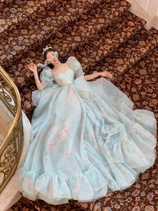 Ball Gown Puff Print Floral Ruffle Chiffon Long Party Dress Birthday Dress with Slit DP2529