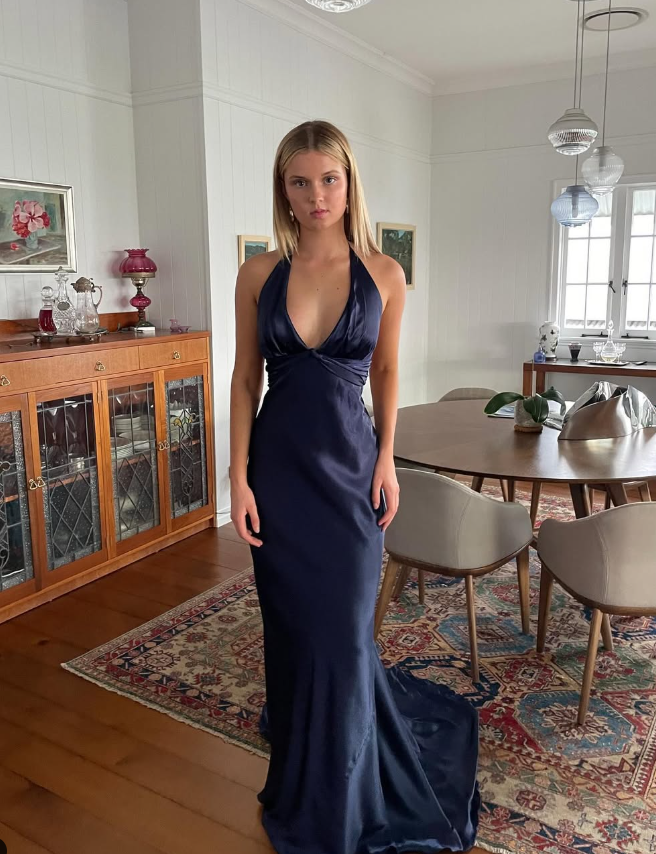 Navy Blue Sheath V Neck Satin Open Back Long Sweep Prom Dress Graduation Prom Dress DP2166
