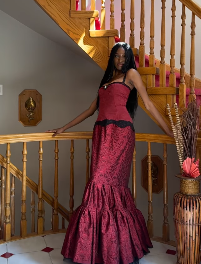 Vintage Burgundy Mermaid Spaghetti Strap Black Lace Satin Prom Dress Wedding Guest Dress DP3994