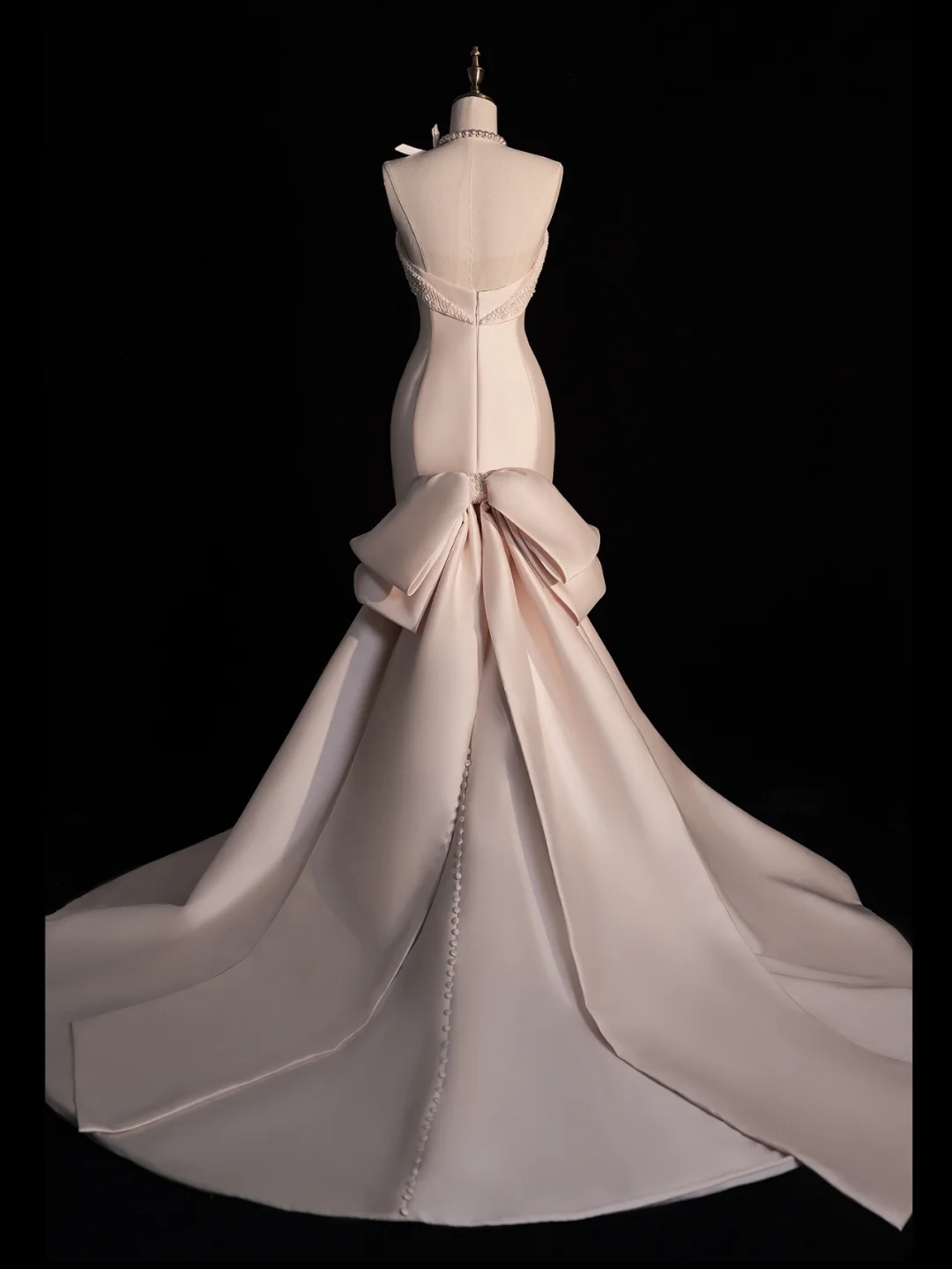 Elegant Mermaid Strapless Beaded Long Sweep Satin Long Prom Dress Formal Dress with Bow DP3238