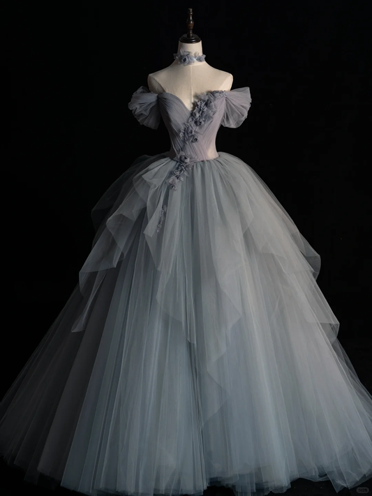 Stunning A Line Off the Shoulder Flower Tulle Long Party Dress Evening Dress DP2427