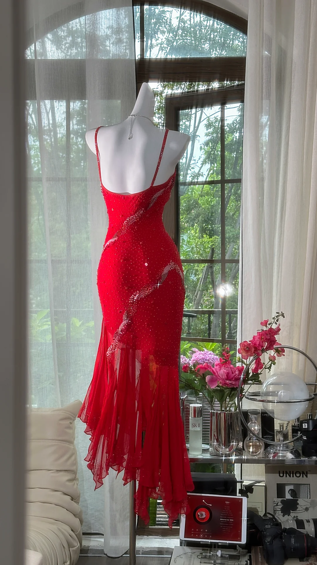 Red Sexy Pretty Flowy Beaded Ruffle Chiffon Prom Dress Date Dress Evening Dress DP2951