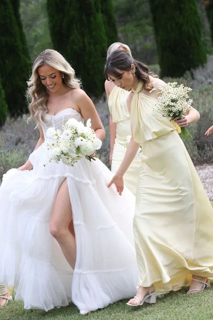 Yellow Halter Sheath Long Bridesmaid Dress with Twist Knot DP5556