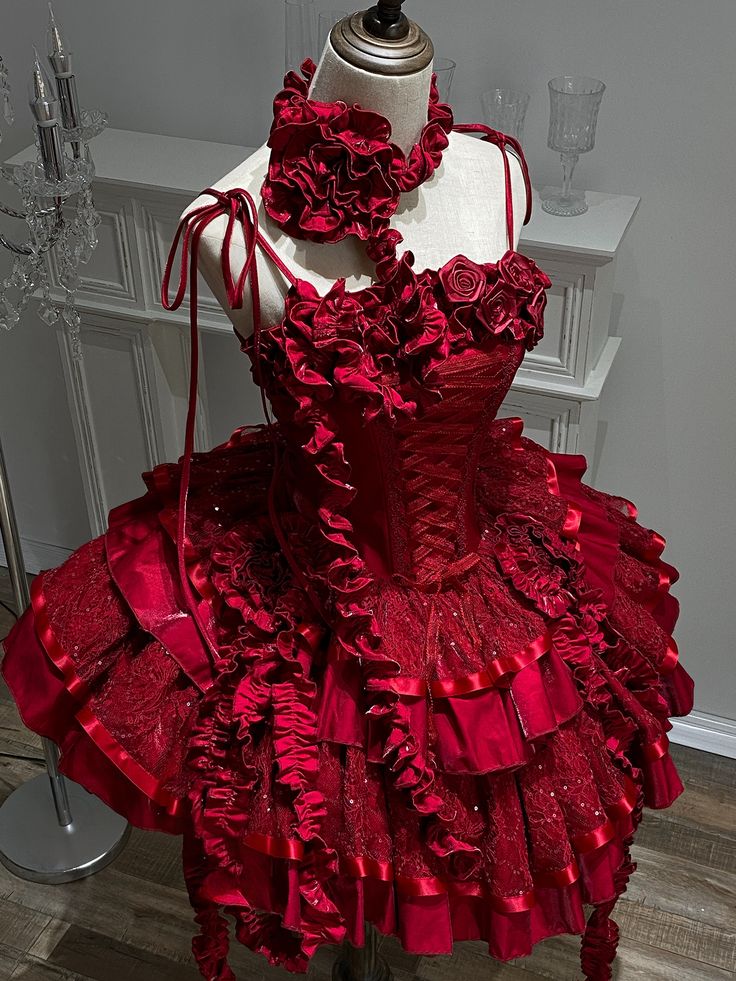 Red Roses Neckline Lolita Goth Boning Dress Sequins Tiered Ruffle Dress DP4068
