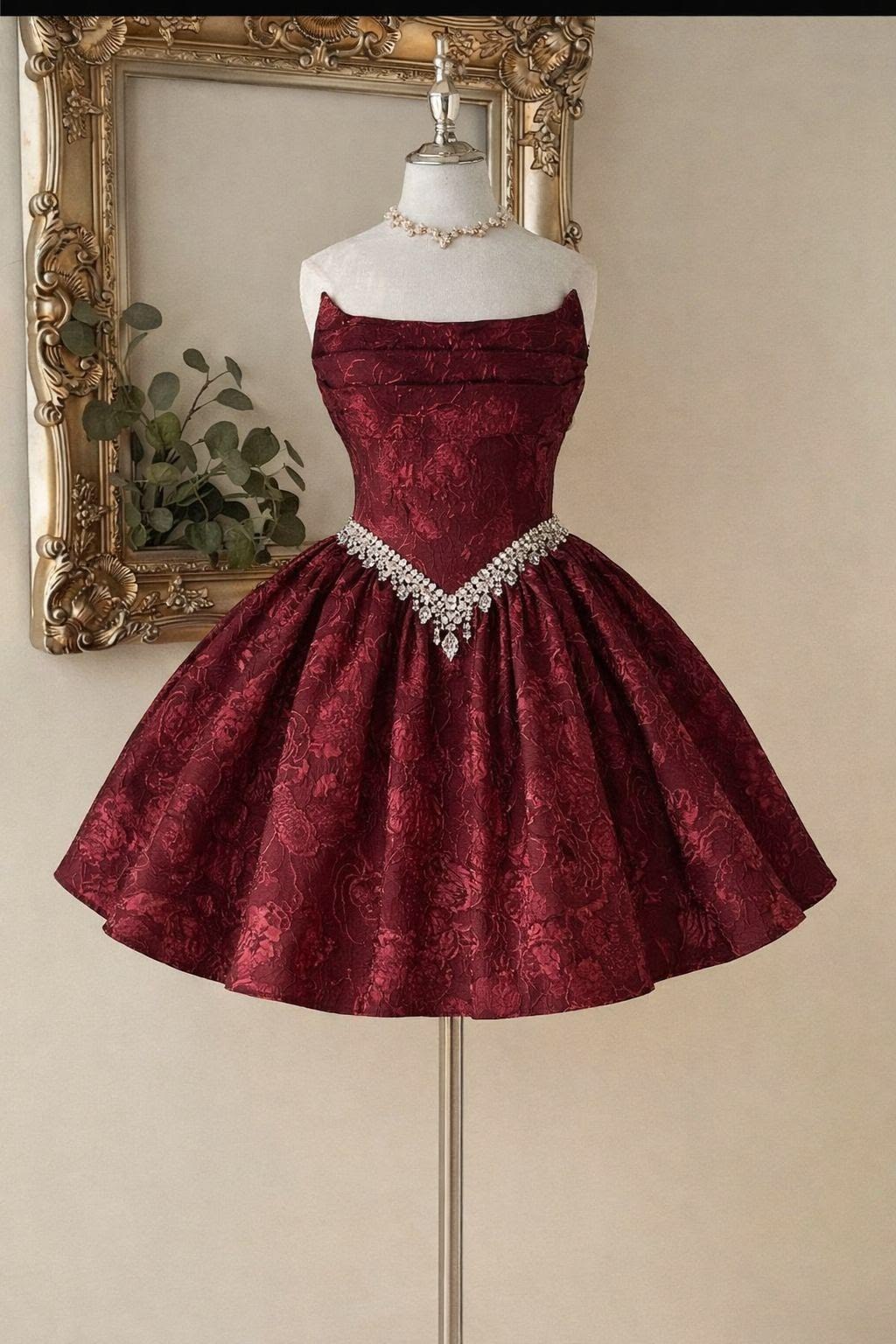 Burgundy Print A Line Strapless Beaded Satin Short Homecoming Dress DP5675