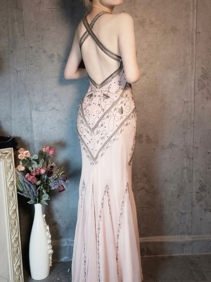 Vintage Mermaid Halter Beaded Chiffon Open Back Long Party Dress Evening Dress DP2370