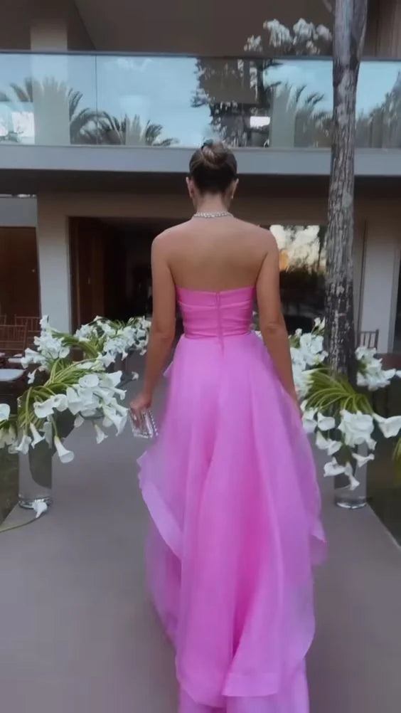 Hot Pink A Line Strapless Tulle Long Prom Dress Evening Dress DP1674