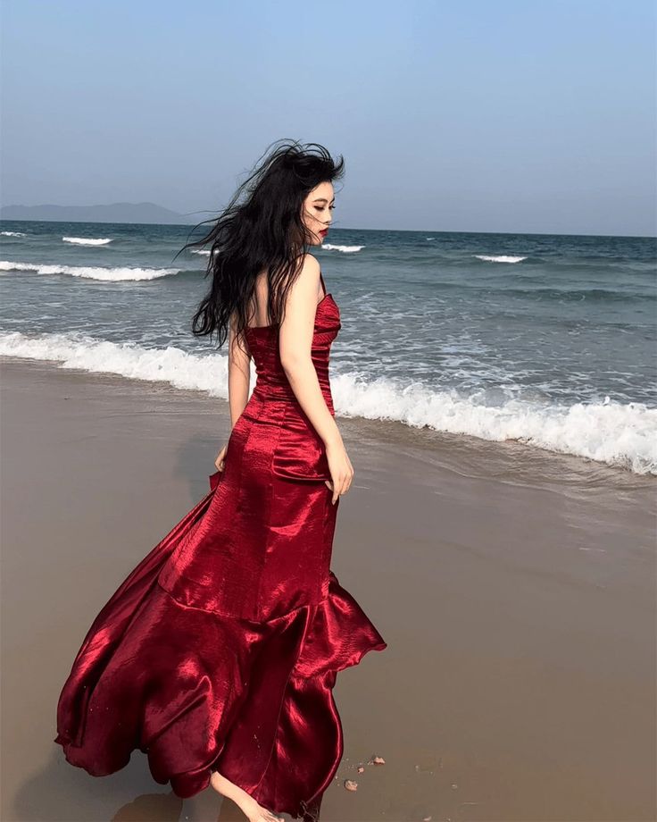 Burgundy Mermaid Spaghetti Straps Layered Satin Long Prom Dress Evening Dress DP2789
